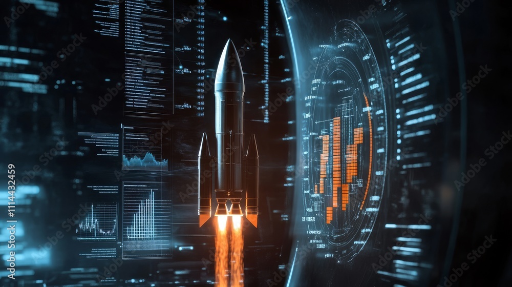 Poster imagine a stunning, futuristic rocket soaring against lively business graphs and data visualizations