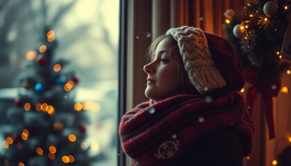 Obraz premium A serene woman gazes out the window, surrounded by festive decorations and a Christmas tree.