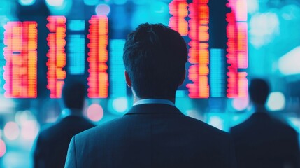 Businessman watching global data screens in a modern office environment