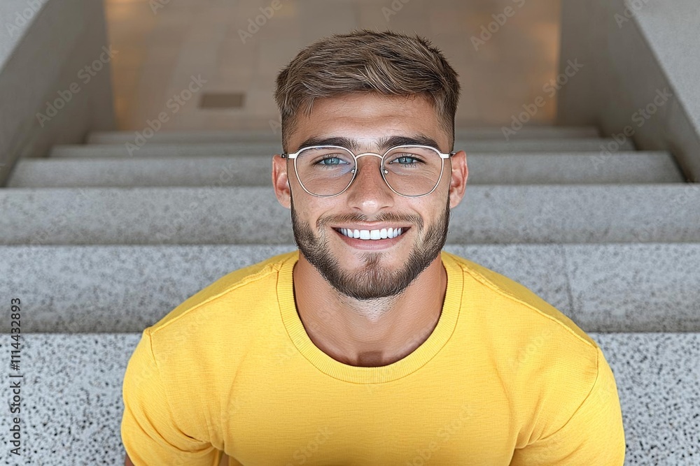 Poster minimal photostock of a top above high angle view portrait of his he nice attractive focused skilled