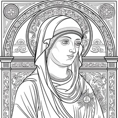 Artistic depiction of a mary-like figure religious setting line art sacred design portrait view spiritual concept