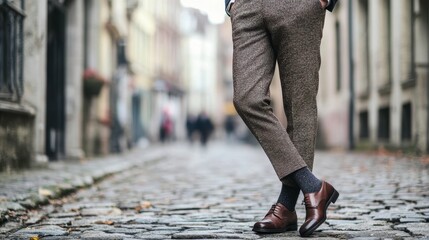 Stylish Man in Brown Shoes and Tweed Pants