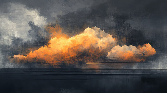 Charcoal Orange Cloud Landscape Painting