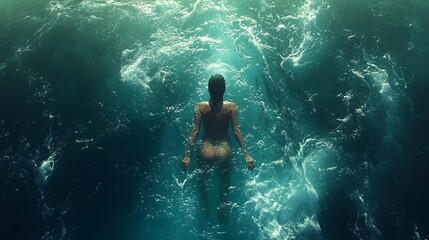 Fototapeta premium Haunting Aerial Shot of a Swimmer in Dark Waters