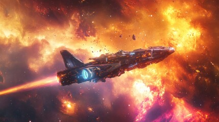 Obraz premium Spaceship flying through a fiery nebula, emitting a blue thrust.