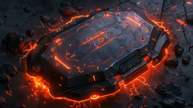 A futuristic device with glowing edges resting on a rocky surface, emitting energy.