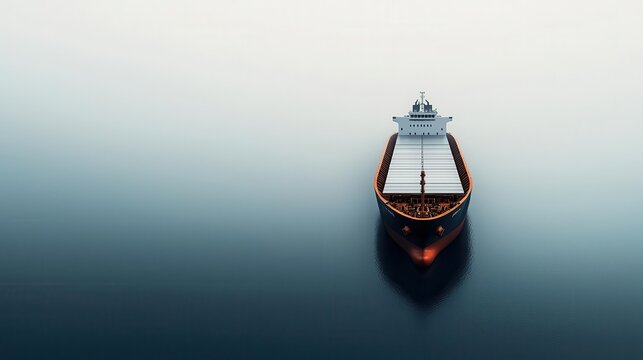 Autonomous cargo vessel moving smoothly through a foggy harbor, showcasing the reliability of modern navigation systems