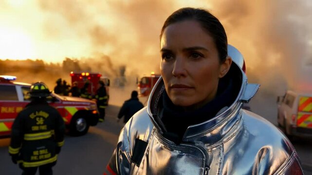 Female firefighter on the scene of a fire in a flame proof suit