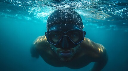 Fototapeta premium Swimmer Underwater with Clear Reflection and Bubbles