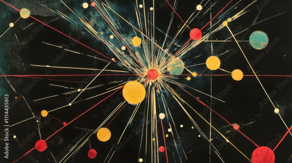 Poster dynamic representation of atomic particles in motion with vibrant colors and intricate lines