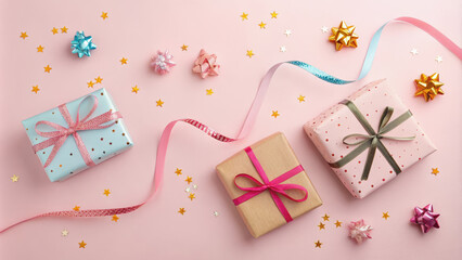 Happy new year banner template. Flat lay composition with wrapped gifts, and ribbons on pastel pink background. Top view with copy space.