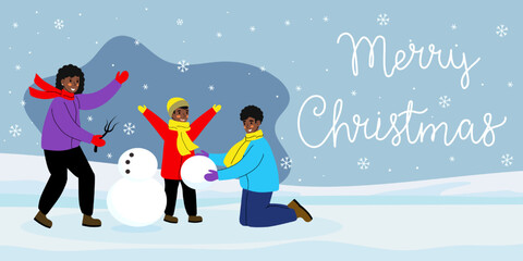 A black family is building a snowman. Merry Christmas greetings. Vector illustration