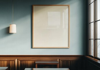 Blue wall with a wooden cabinet and a blank picture frame, showcasing minimalist interior design, modern decor, and creative space.