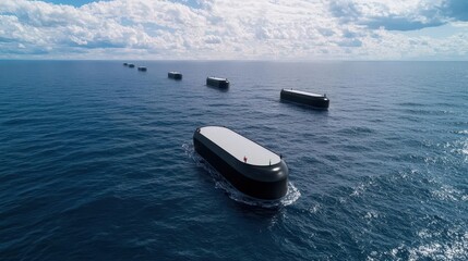 Fleet of autonomous cargo ships being guided by AI, symbolizing the next generation of maritime logistics technology