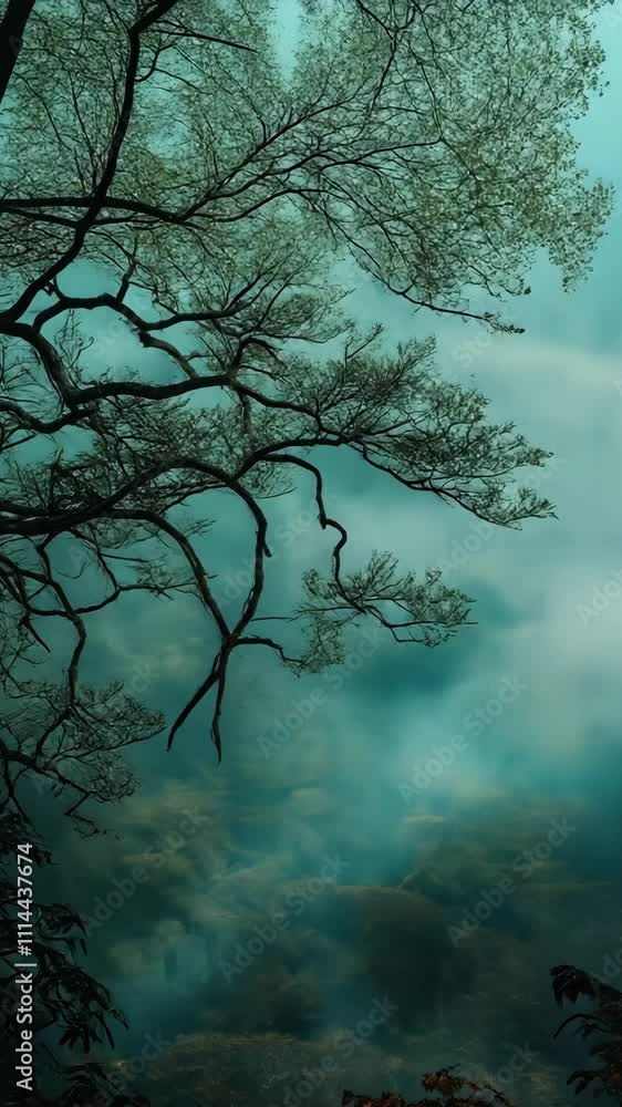 Aufkleber mystical forest with fog enveloping branches and tranquil waters in the serene atmosphere of early m