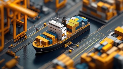 Selfdriving cargo ship docking autonomously at a futuristic port, representing progress in maritime automation