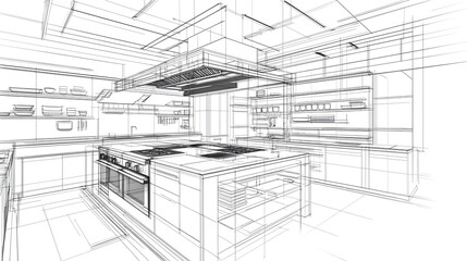 CAD schematic of a modern kitchen layout, including counters, appliances, and a central island, with labeled components.