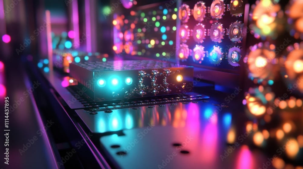 Poster colorful led lights illuminate computer circuit board in a tech setting at night