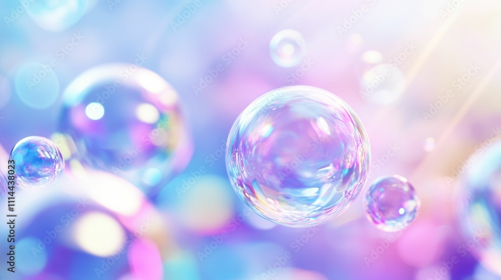 Poster digital artwork with pastel-hued abstract spheres and geometric forms on a soft gradient
