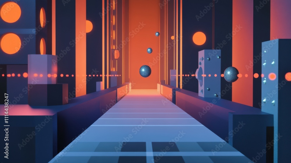 Poster abstract digital landscape with glowing elements and floating spheres in vibrant colors