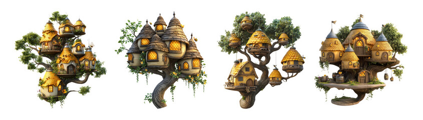 Fantasy Tree Houses with Lush Greenery on Transparent Background