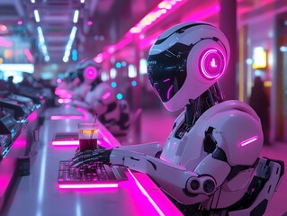 Fototapeta premium Experience the future of coffee glowing robotic baristas in a neon-infused environment