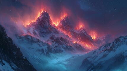 Volcanic eruption lights up snow-covered mountains in darkness