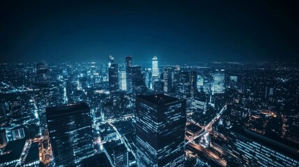 Obraz premium Night cityscape, illuminated skyscrapers, urban skyline, city lights, aerial view.