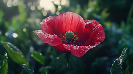 Obraz premium Dewdrops on Red Poppy Flower Macro Photography