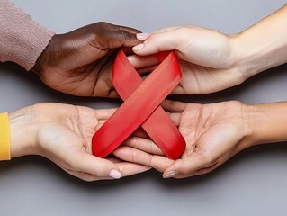 Abstract depiction of a red ribbon intertwined with hands, symbolizing global solidarity in HIV infection care and support