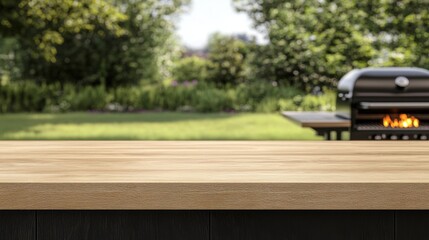 Outdoor bbq setup with wooden table and grill in sunlit garden