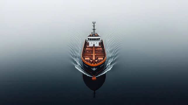 Autonomous cargo vessel moving smoothly through a foggy harbor, showcasing the reliability of modern navigation systems