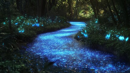 Serene forest with glowing blue river at twilight. Generative AI