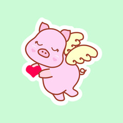 Fototapeta premium Cute cupid pig. Sweet little angel piglet with wings and heart. Postcard for Valentine's Day