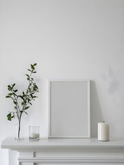 A white rectangular frame resting on a clean white mantle, with just a single candle and a small plant as accents.