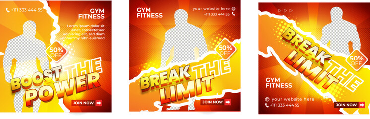 Sports and Fitness social media post banner set, Gym and fitness social media post banner template with black red and yellow color