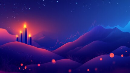 Naklejka premium Night landscape with glowing candles on snowy hills under starry sky.