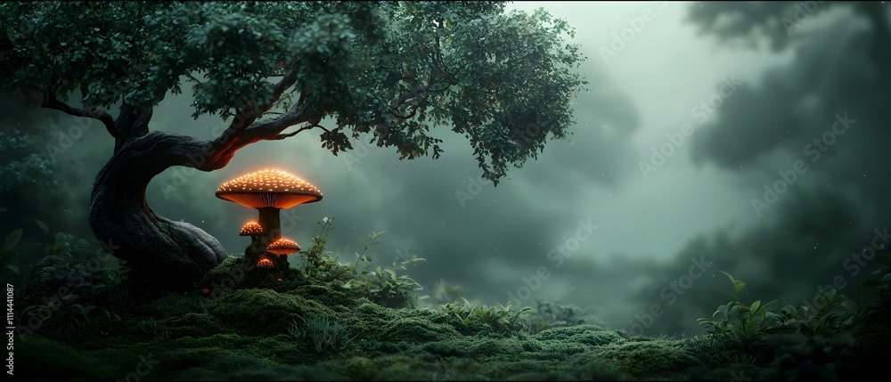 Poster enchanting ancient forest with towering trees glowing fungi and ethereal swirling mists in a serene 