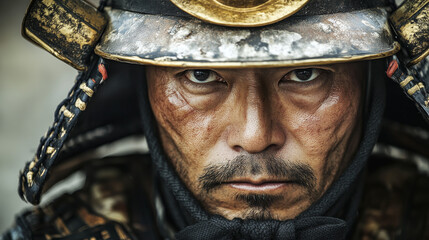 Samurai Warrior Close-Up: Helmet, Face, and Determination