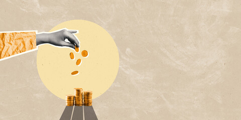 Creative collage illustration of financial business. Human hand dropping coins in a pile. Abstract image of donation, savings, loss, money flow concepts.
