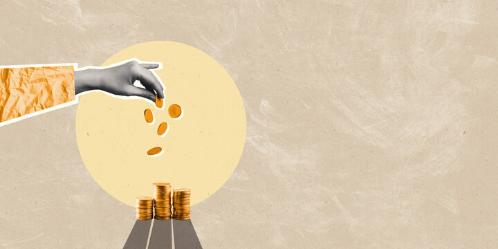 Creative collage illustration of financial business. Human hand dropping coins in a pile. Abstract image of donation, savings, loss, money flow concepts.