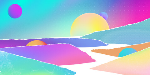 Fototapeta premium Modern contemporary landscape in y2k colored style. Holographic illustration. Neon colored new retro futuristic collage with river flowing through hills. Trippy escapism.