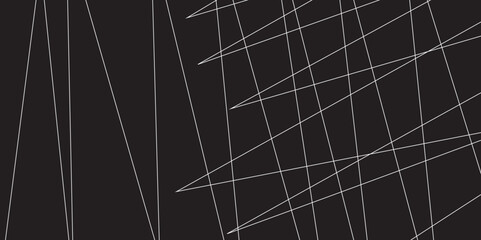 Abstract black and white geometric random chaotic lines with many squares and triangles shape. Metal grid isolated on the white background. Banner with geometric shapes, lines, stripes and triangles.
