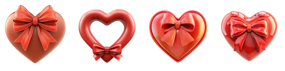 A red ribbon forming a heart shape with a bow at the bottom shiny and smooth 3D illustration isolated on white and transparent background