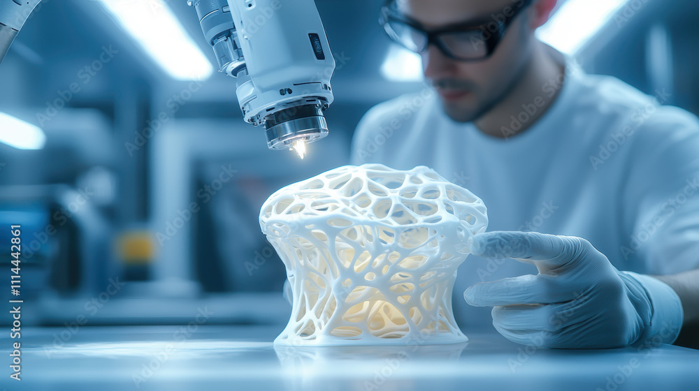 Poster close up of robotic arm delicately working on 3d printed object, showcasing advanced technology and 