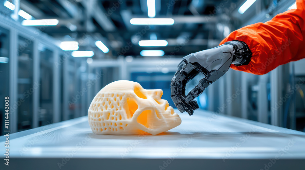 Aufkleber high tech robotic arm delicately handling 3d printed skull model in modern lab