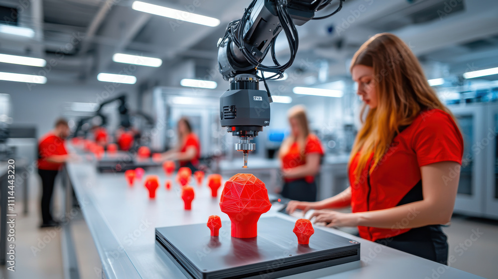 Aufkleber robotic arm is precisely adjusting vibrant red 3d printed models in modern workshop