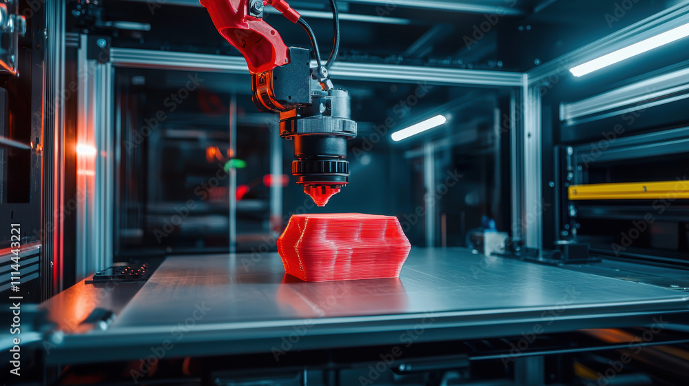 Poster robotic arm carefully adjusting fresh 3d printed object in modern workshop