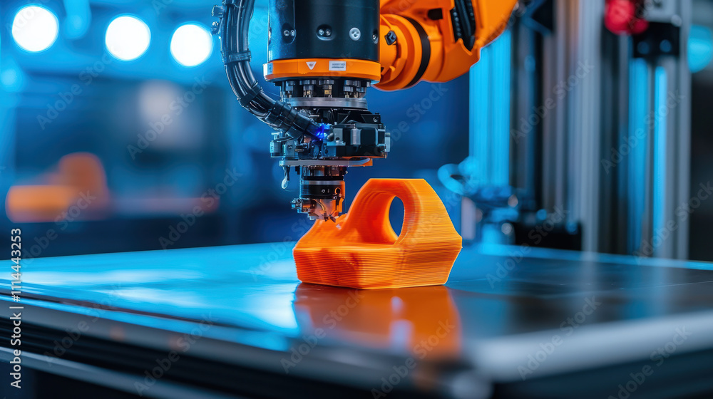 Aufkleber robotic arm precisely 3d printing orange object on flat surface