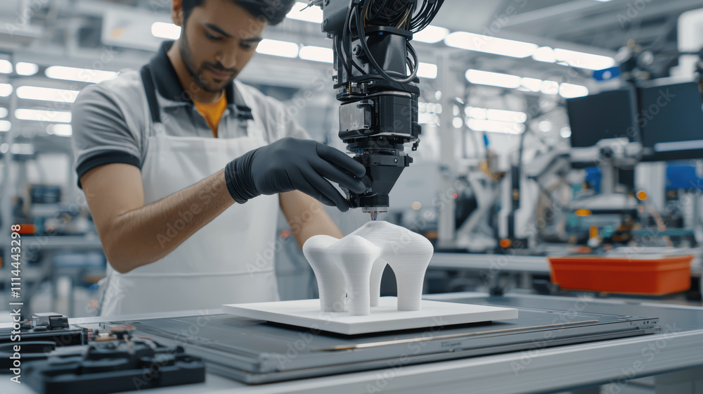 Poster robotic arm gently placing newly printed object in modern workshop